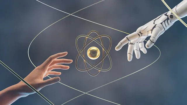 A human hand and a robot hand reaching toward each other.